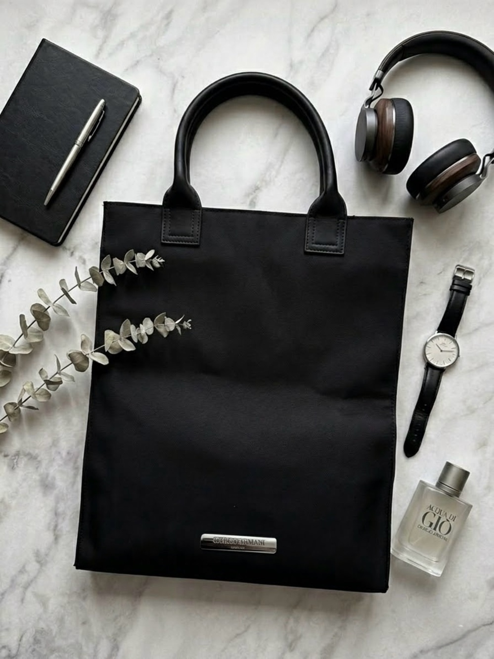 Giorgio Armani Black Canvas Tote Bag Designer Luxury Purse